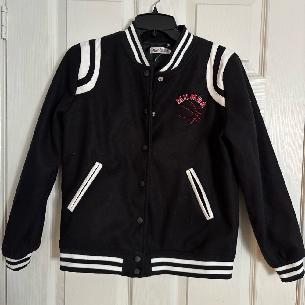 Kids Black and White Varsity Felt Bomber Jacket MUMBA basketball NEW